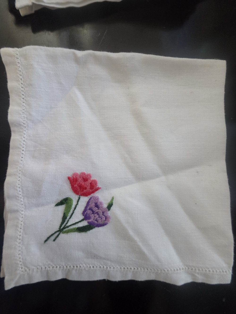 Embroidered Floral Cotton Napkins - White with Pink, Purple, Yellow Accents - Picture 5 of 6